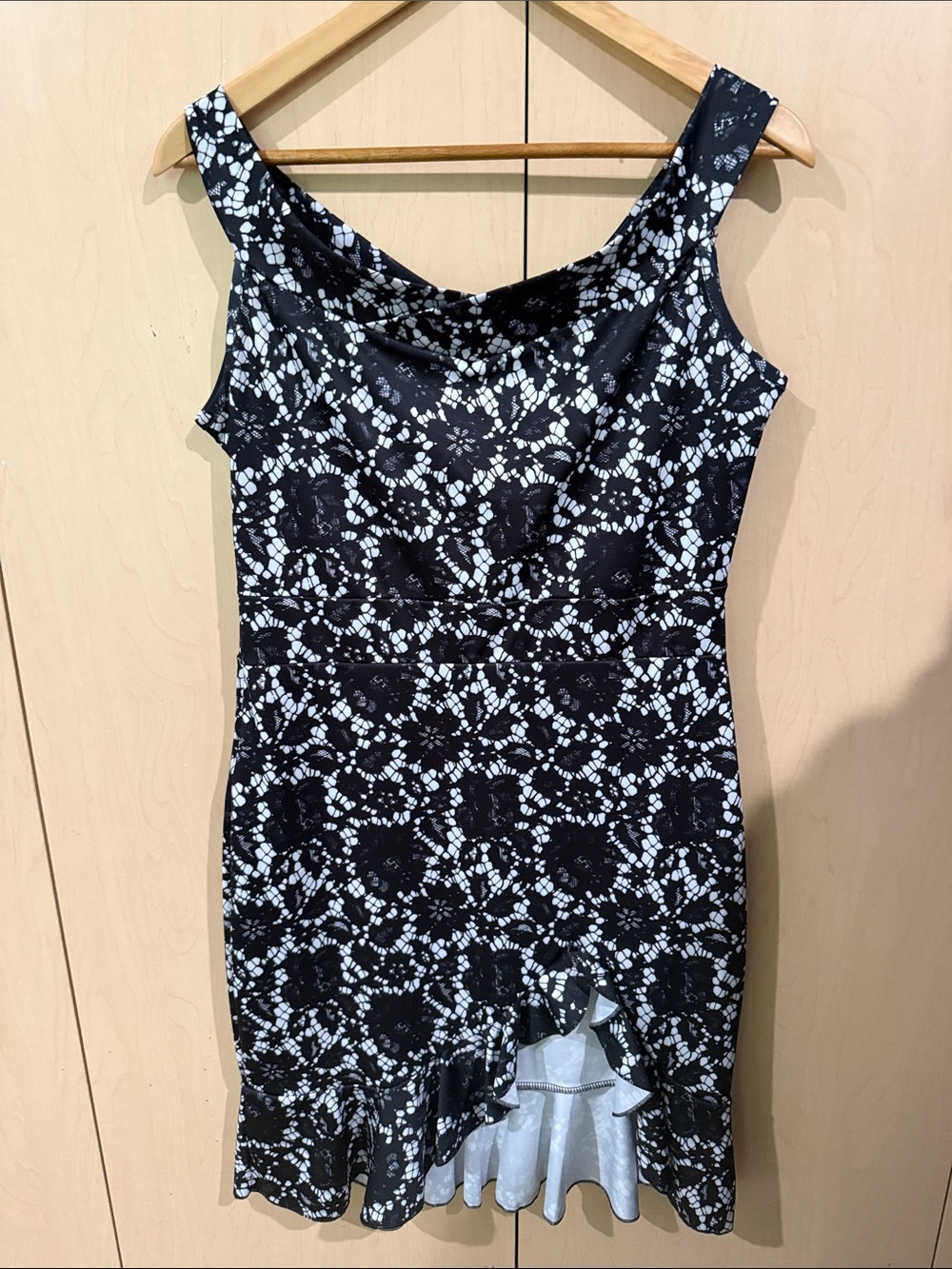Talbots Black and White One-Shoulder Lace-Print Dress